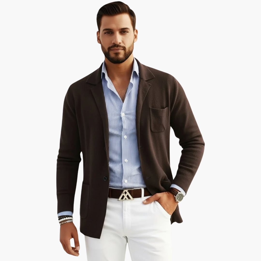 Men's Knit Blazer with Lapel Collar and Button Closure