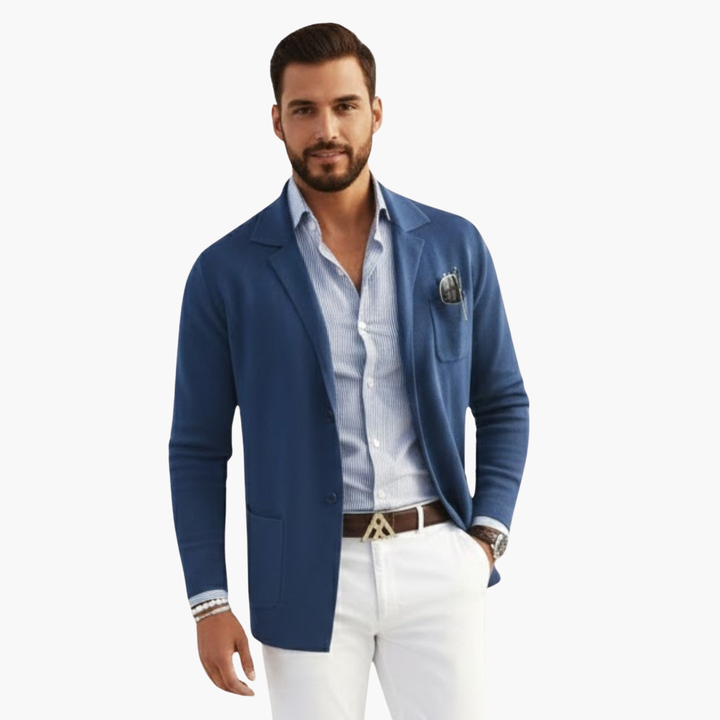 Men's Knit Blazer with Lapel Collar and Button Closure