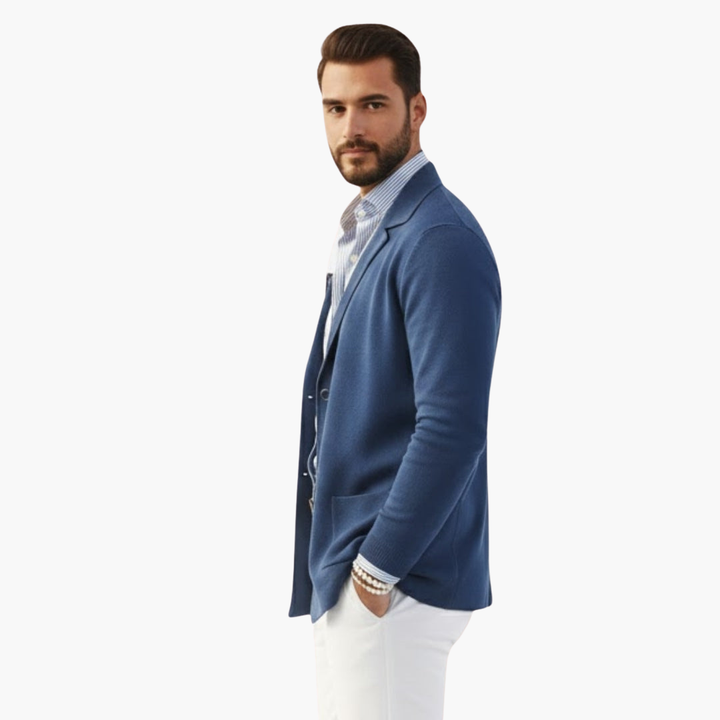 Men's Knit Blazer with Lapel Collar and Button Closure