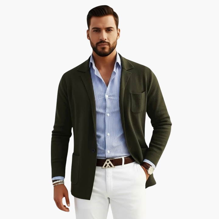 Men's Knit Blazer with Lapel Collar and Button Closure