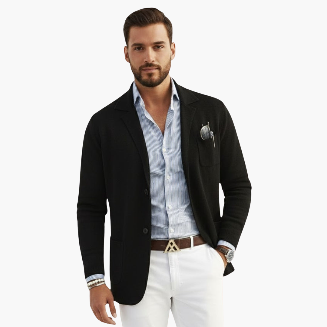 Men's Knit Blazer with Lapel Collar and Button Closure