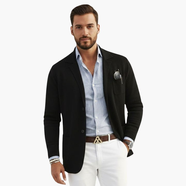 Men's Knit Blazer with Lapel Collar and Button Closure