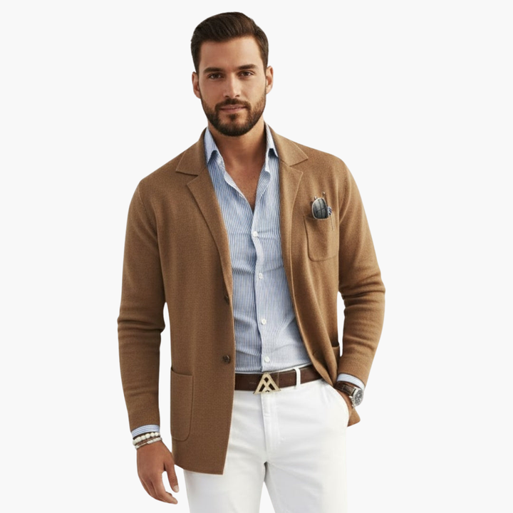 Men's Knit Blazer with Lapel Collar and Button Closure