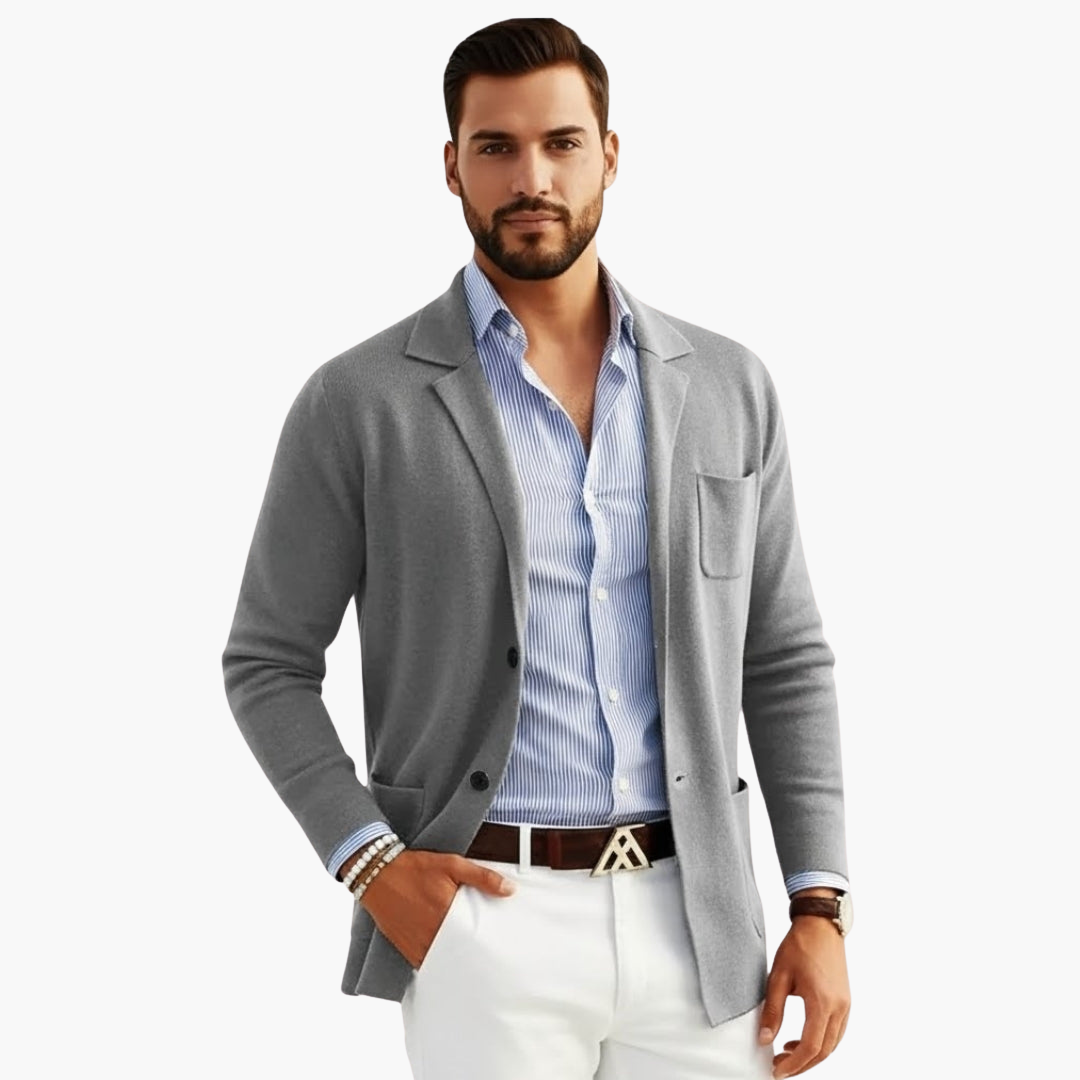 Men's Knit Blazer with Lapel Collar and Button Closure