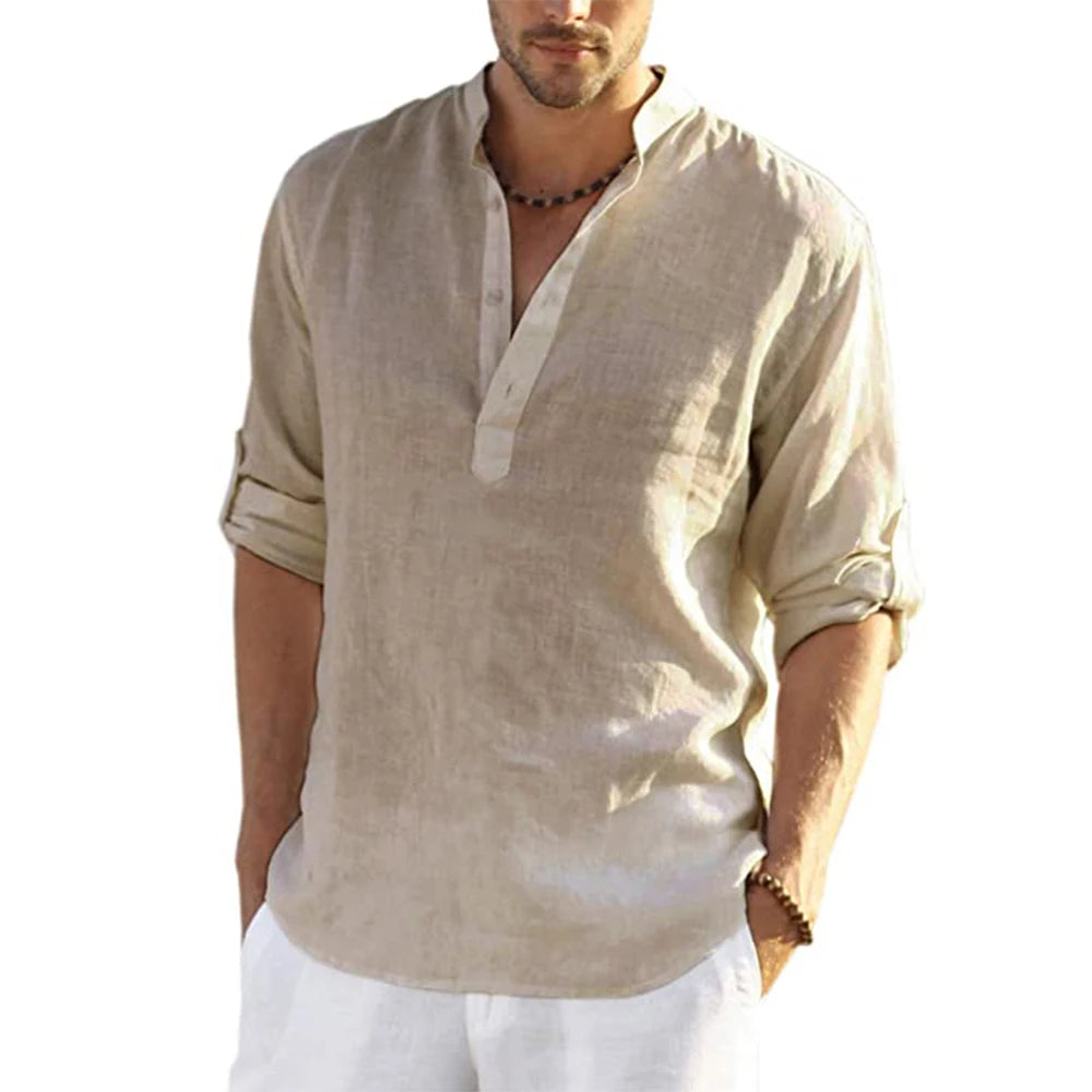 Men's Casual Cotton Linen Long Sleeve Shirt for Four Season-Metro Lane Plaza