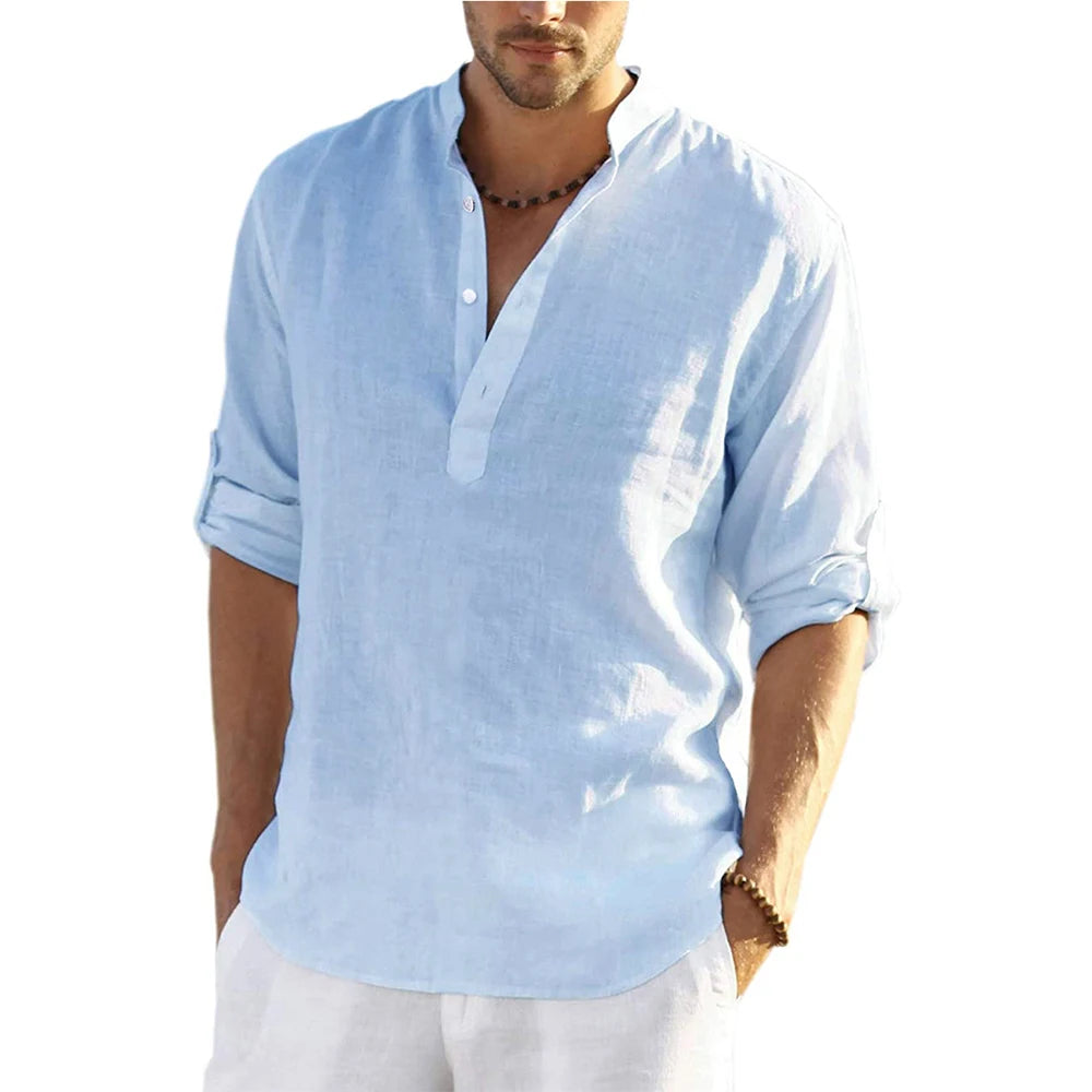 Men's Casual Cotton Linen Long Sleeve Shirt for Four Season-Metro Lane Plaza