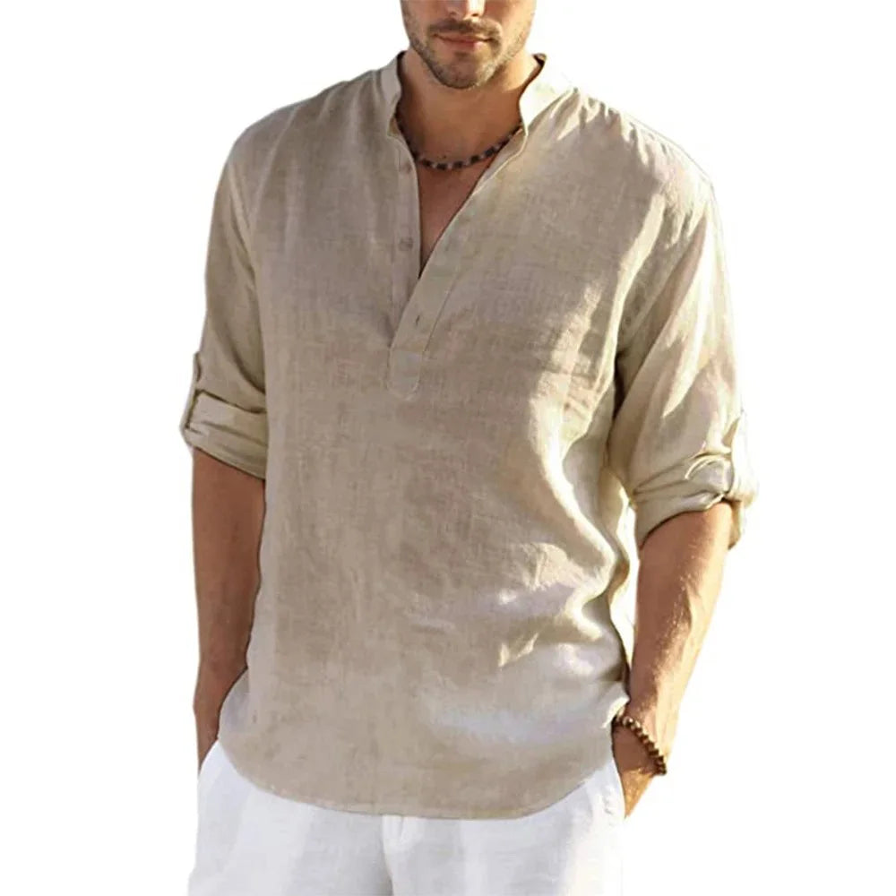 Men's Casual Cotton Linen Long Sleeve Shirt for Four Season-Metro Lane Plaza
