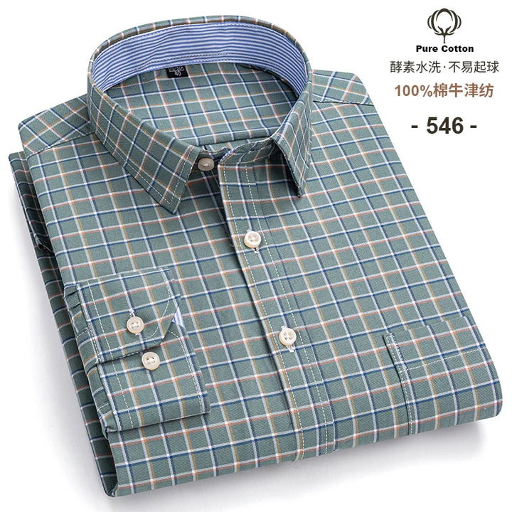 Men's Long Sleeve Cotton Oxford Plaid Button Down Casual Shirt S-7XL-Metro Lane Plaza