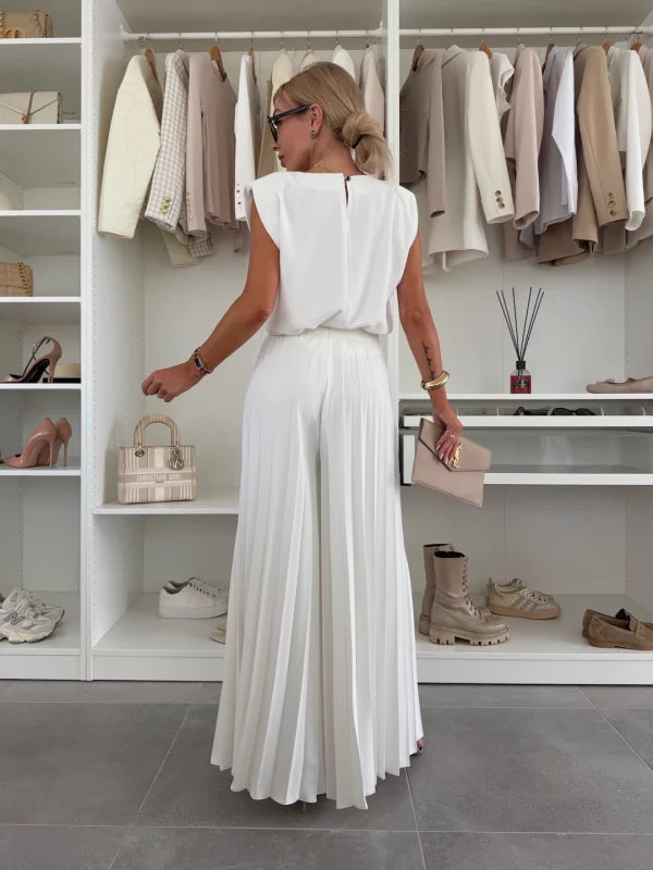Ann | Women's Sophisticated Sleeveless Top and Wide Leg Pants Set-Metro Lane Plaza