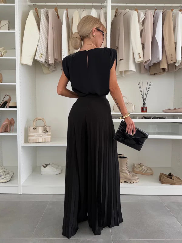 Ann | Women's Sophisticated Sleeveless Top and Wide Leg Pants Set-Metro Lane Plaza