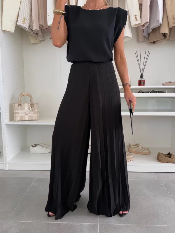 Ann | Women's Sophisticated Sleeveless Top and Wide Leg Pants Set-Metro Lane Plaza