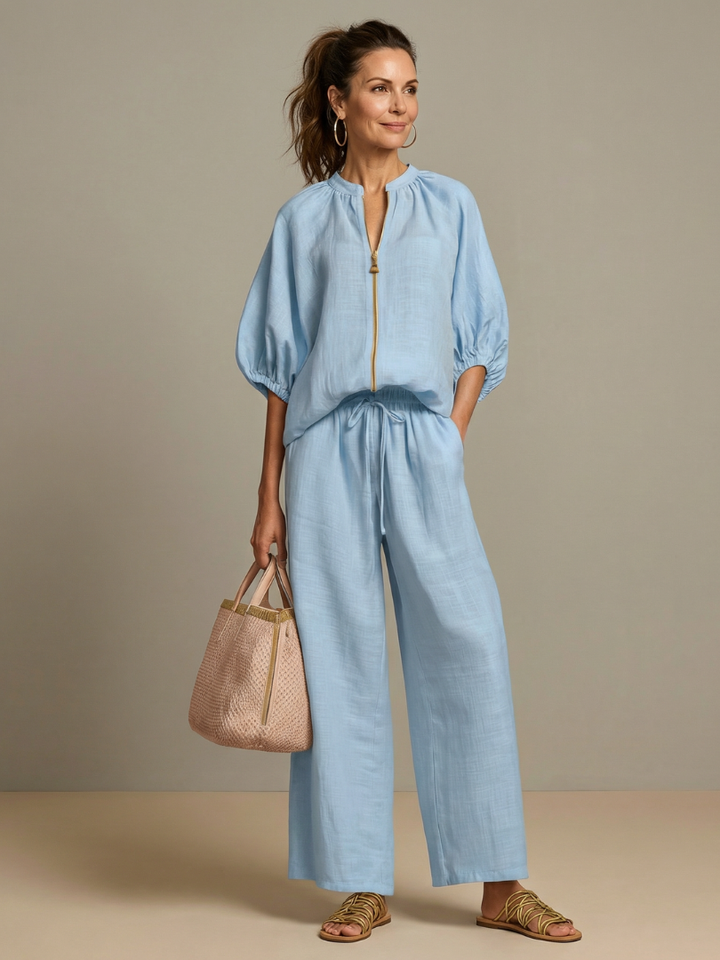 Olivia | Women's Trendy Zip-Up Blouse and Wide-Leg Trouser Set-Metro Lane Plaza