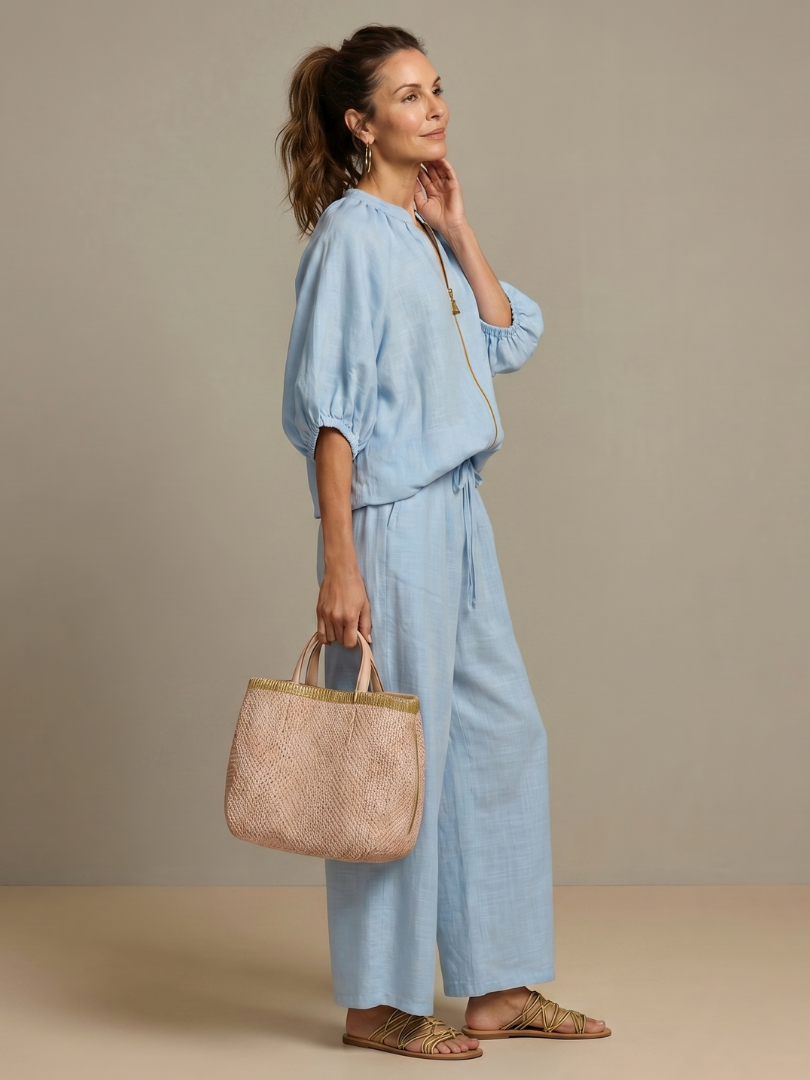 Olivia | Women's Trendy Zip-Up Blouse and Wide-Leg Trouser Set-Metro Lane Plaza