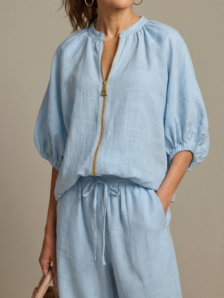 Olivia | Women's Trendy Zip-Up Blouse and Wide-Leg Trouser Set-Metro Lane Plaza
