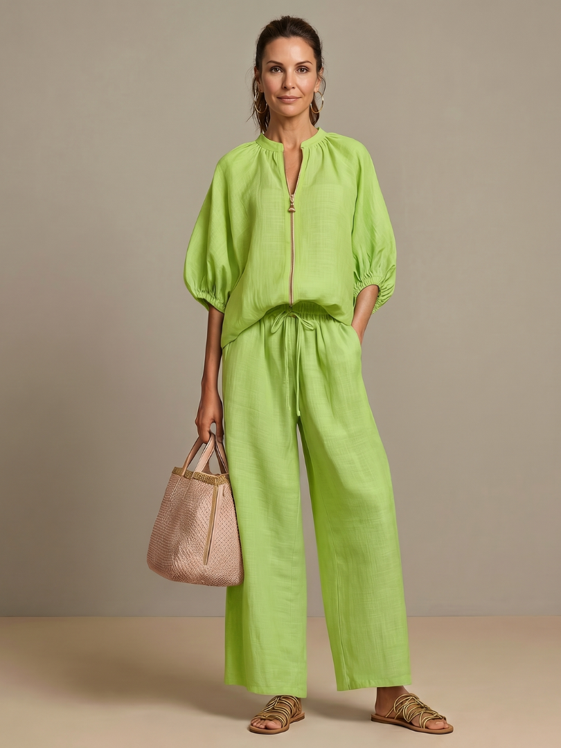 Olivia | Women's Trendy Zip-Up Blouse and Wide-Leg Trouser Set-Metro Lane Plaza