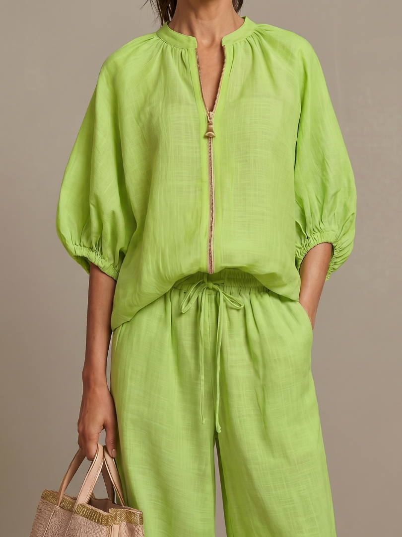 Olivia | Women's Trendy Zip-Up Blouse and Wide-Leg Trouser Set-Metro Lane Plaza
