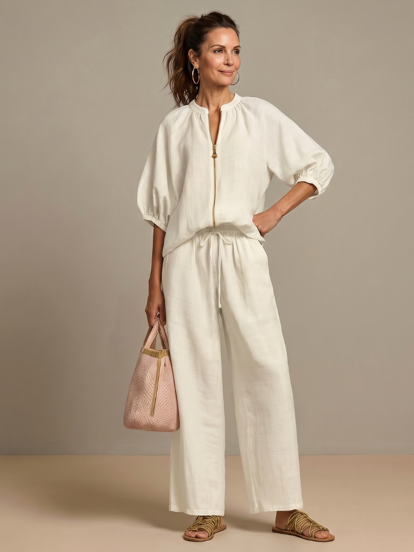 Olivia | Women's Trendy Zip-Up Blouse and Wide-Leg Trouser Set-Metro Lane Plaza