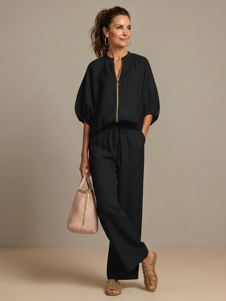 Olivia | Women's Trendy Zip-Up Blouse and Wide-Leg Trouser Set-Metro Lane Plaza