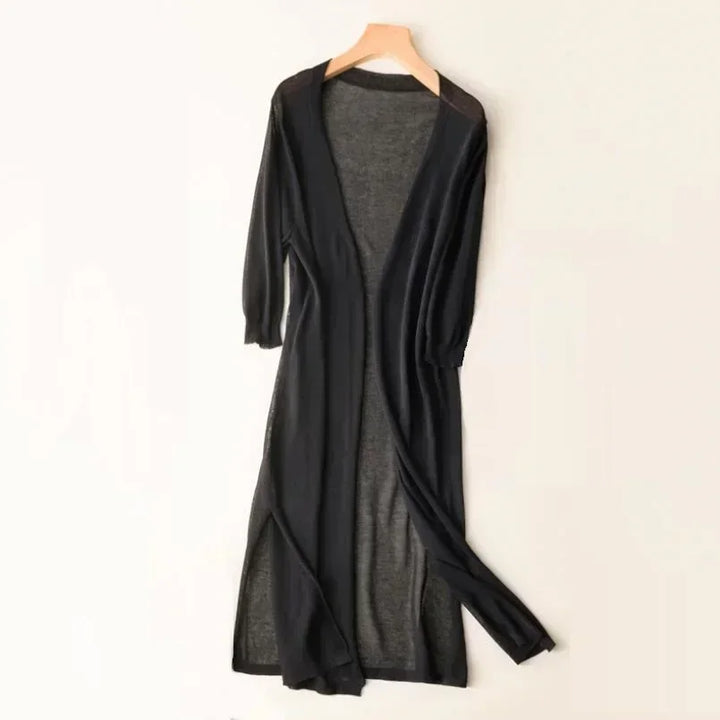 Lang cardiganstriktrøje til kvinder med åben front