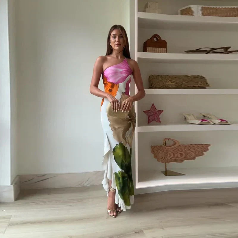 Nora | Women's Elegant Floral One Shoulder Maxi Dress-Metro Lane Plaza