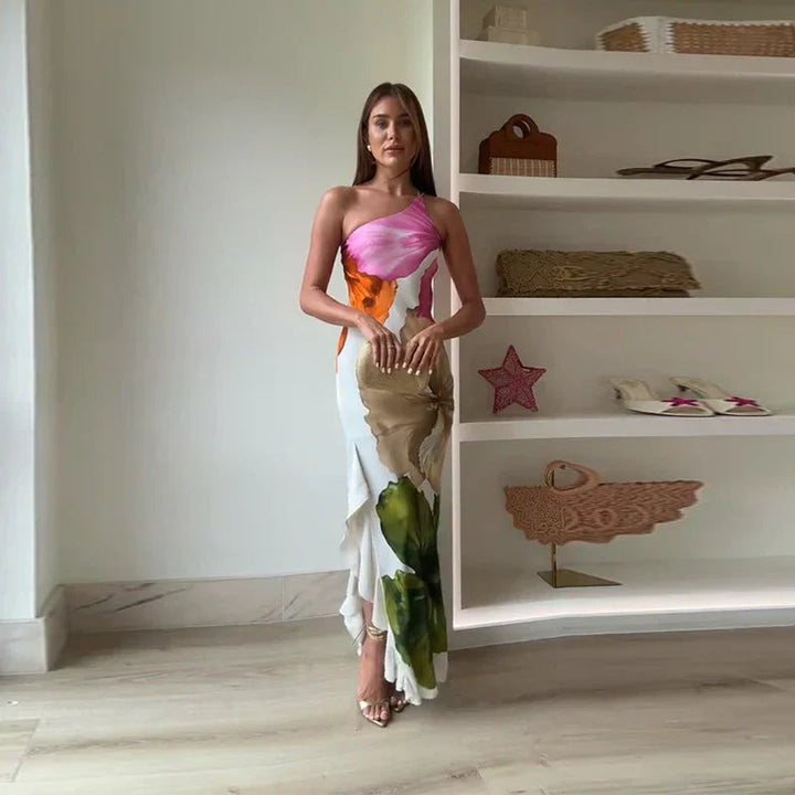 Nora | Women's Elegant Floral One Shoulder Maxi Dress-Metro Lane Plaza