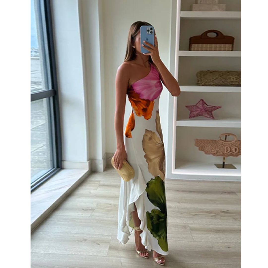 Nora | Women's Elegant Floral One Shoulder Maxi Dress-Metro Lane Plaza