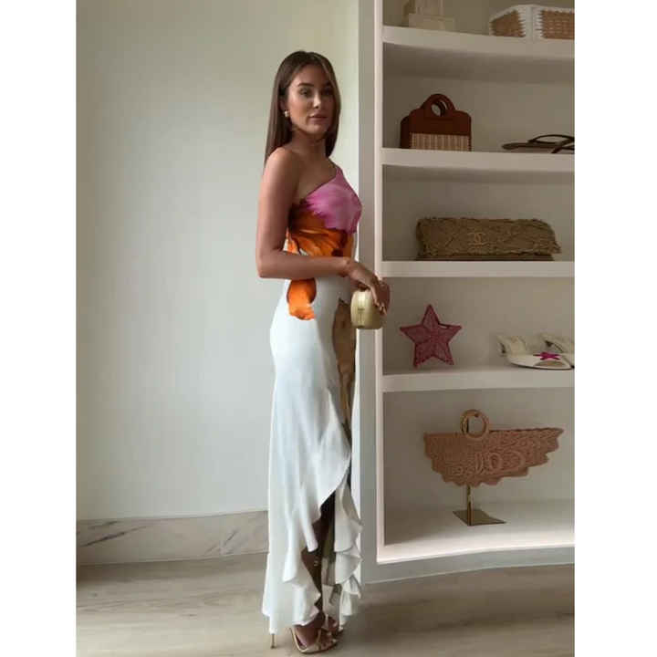 Nora | Women's Elegant Floral One Shoulder Maxi Dress-Metro Lane Plaza