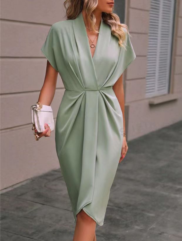 Sophia | Women's Short-Sleeve Midi Dress with Draped Front & Slit-Metro Lane Plaza