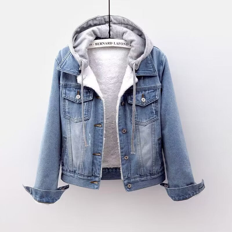 Giacca in denim con cappuccio e fodera in sherpa da donna