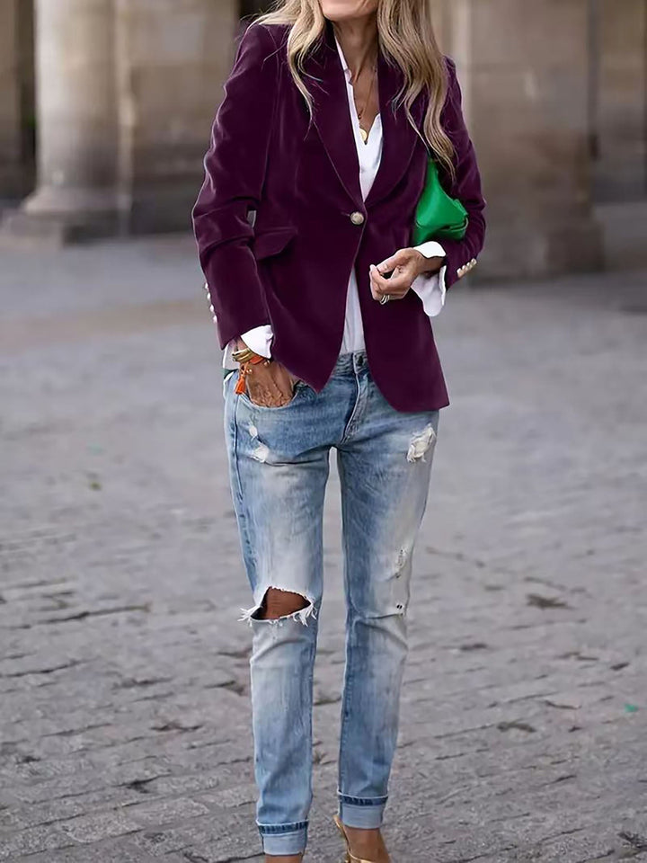 [Women's Velvet Blazer with Gold Buttons and Modern Style]-Metro Lane Plaza