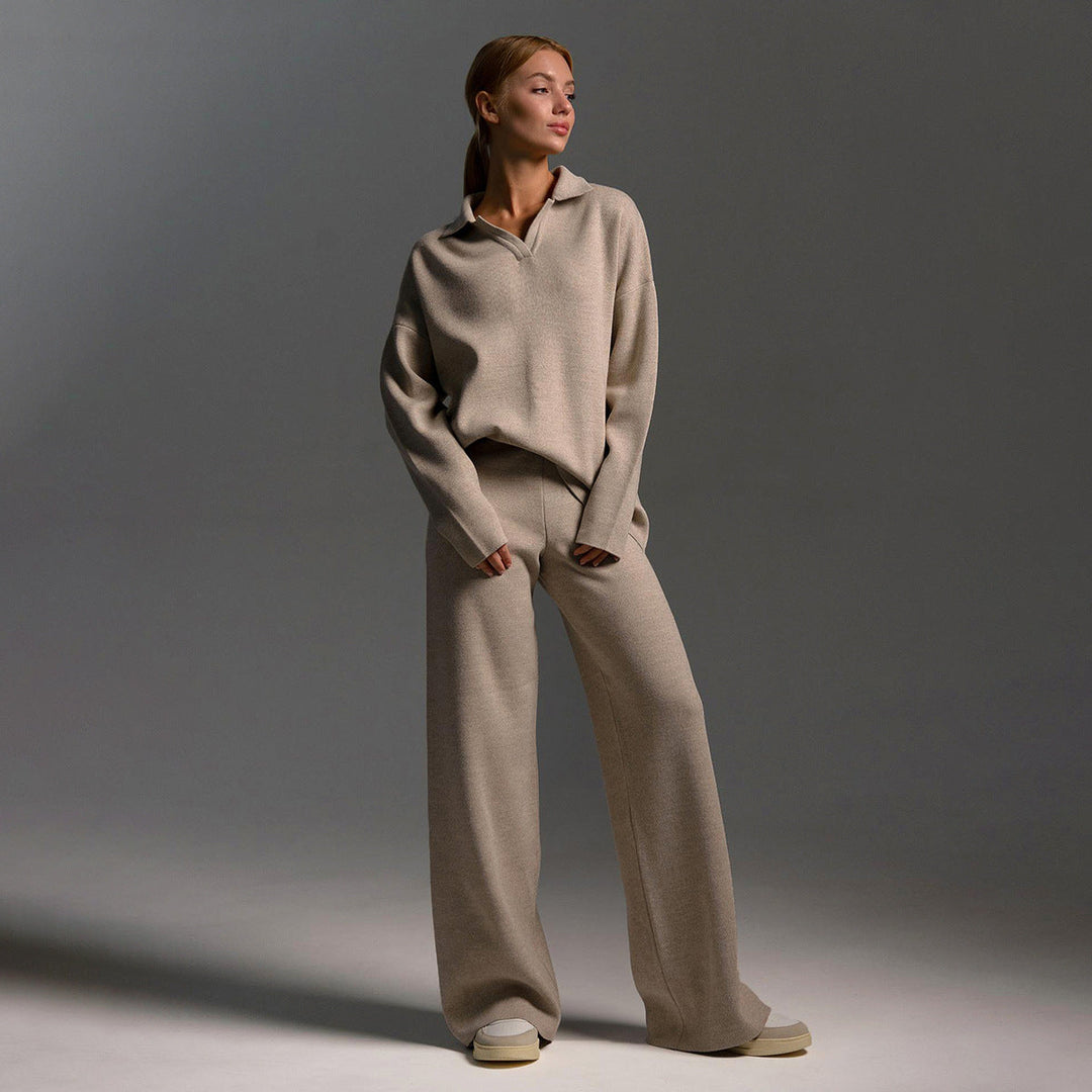 Sophia | Women's Soft and Comfortable Lounge Set with Collar & Wide Pants-Metro Lane Plaza