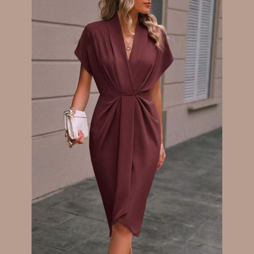 Sophia | Women's Short-Sleeve Midi Dress with Draped Front & Slit-Metro Lane Plaza