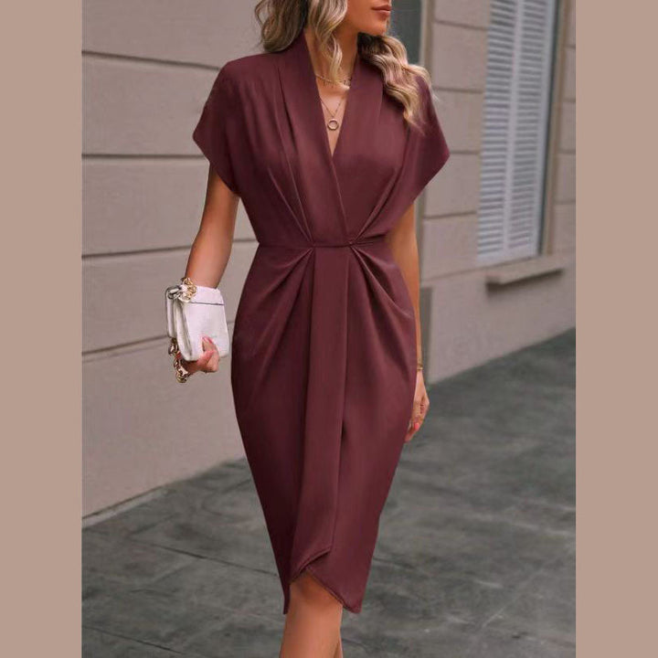 Sophia | Women's Short-Sleeve Midi Dress with Draped Front & Slit-Metro Lane Plaza