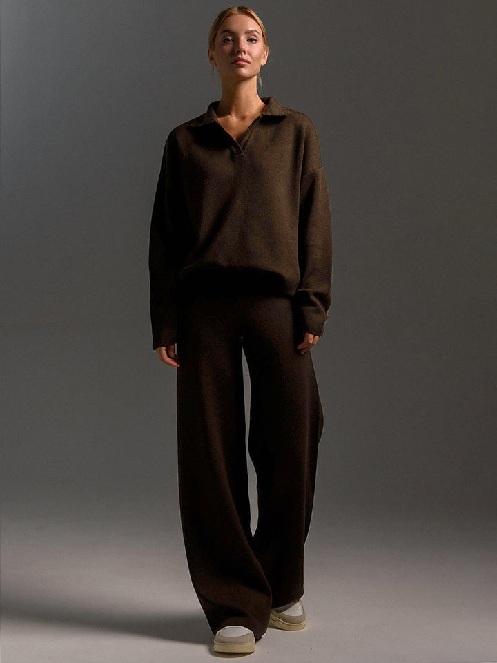 Sophia | Women's Soft and Comfortable Lounge Set with Collar & Wide Pants-Metro Lane Plaza