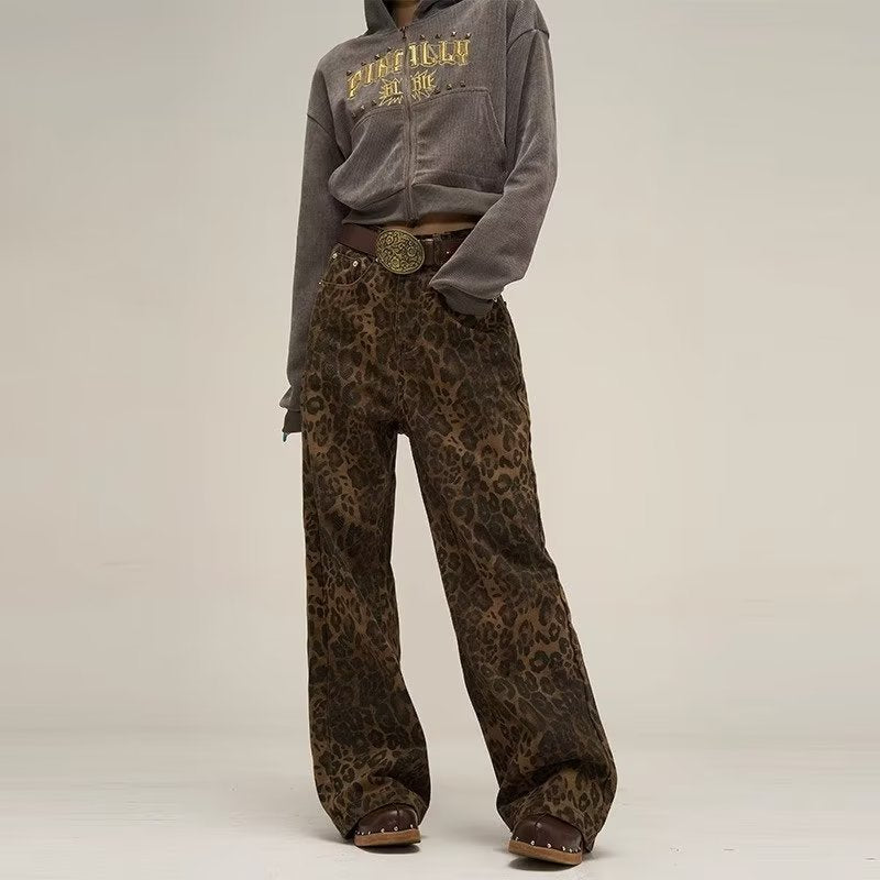 Women's Leopard Print High Waist Straight Leg Jeans-Metro Lane Plaza