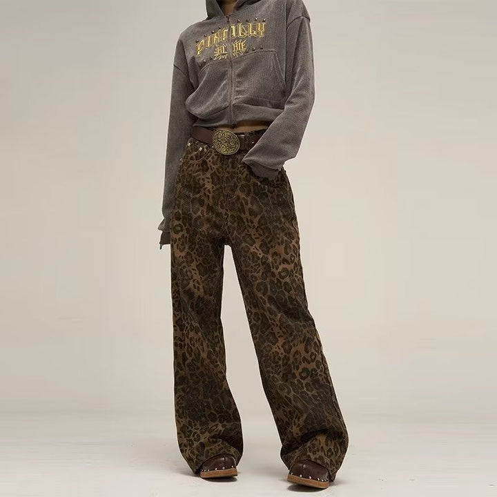 Women's Leopard Print High Waist Straight Leg Jeans-Metro Lane Plaza