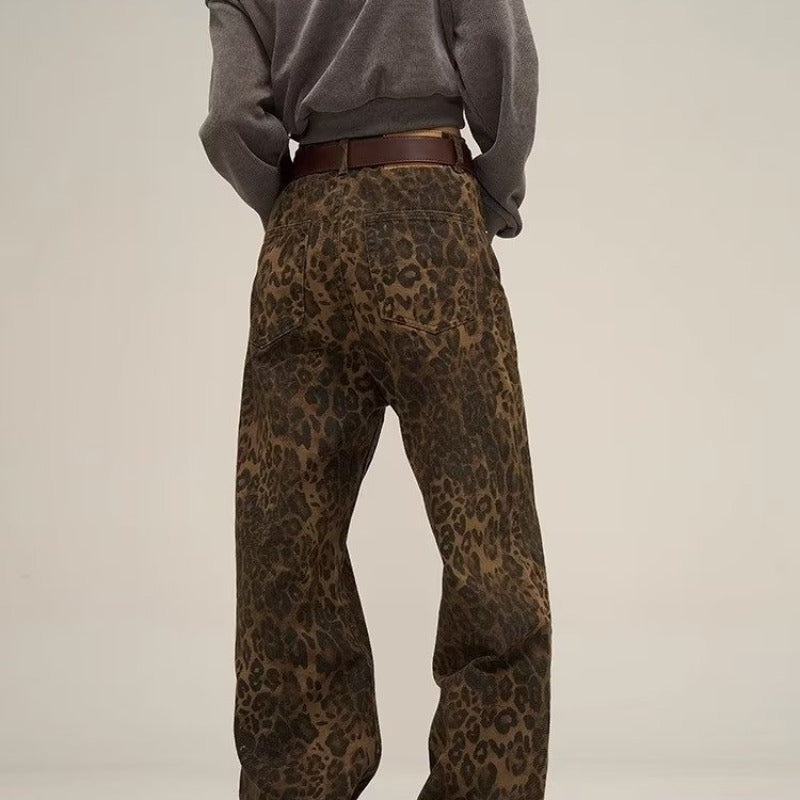 Women's Leopard Print High Waist Straight Leg Jeans-Metro Lane Plaza