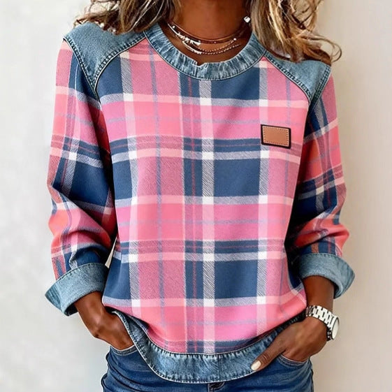 Weiches Damen-Sweatshirt aus Baumwollmischung mit Karomuster und Patchwork