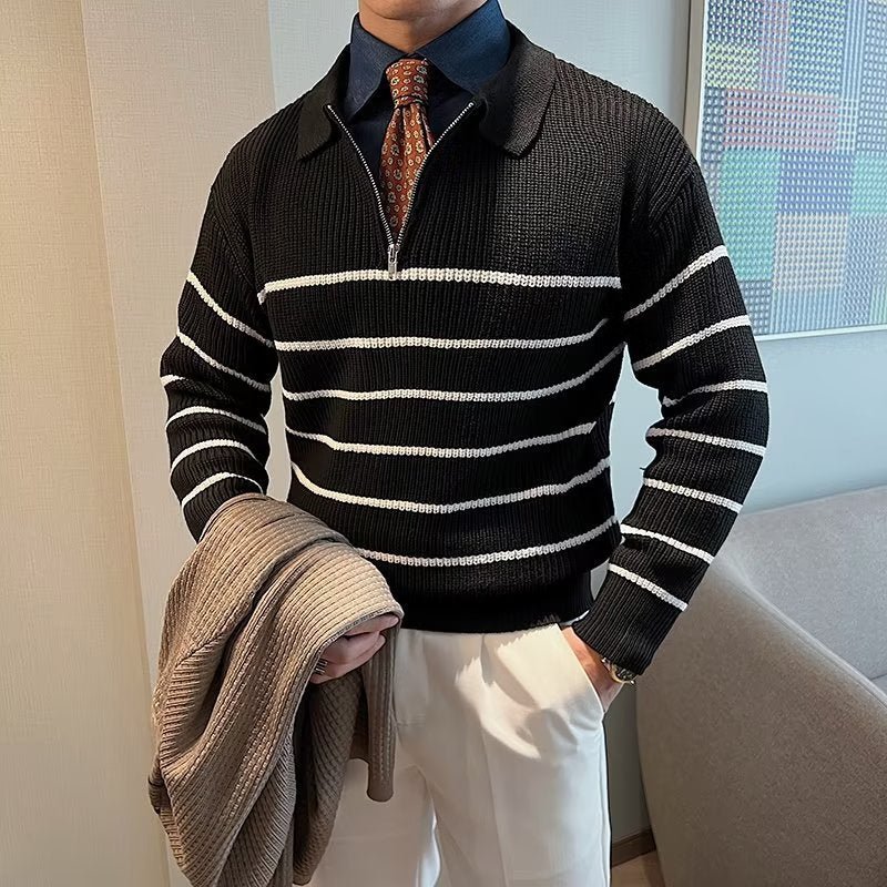 Men's Striped Zipper Front Sweater