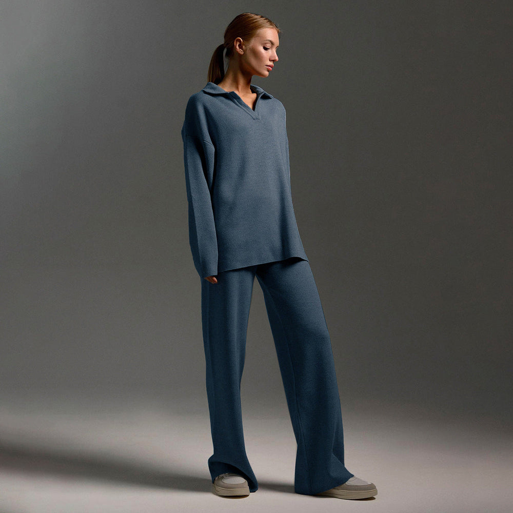 Sophia | Women's Soft and Comfortable Lounge Set with Collar & Wide Pants-Metro Lane Plaza