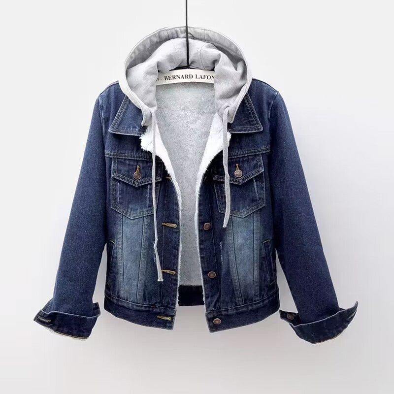 Giacca in denim con cappuccio e fodera in sherpa da donna