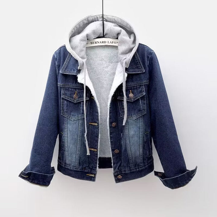 Giacca in denim con cappuccio e fodera in sherpa da donna