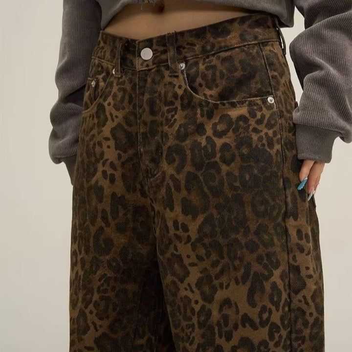 Women's Leopard Print High Waist Straight Leg Jeans-Metro Lane Plaza