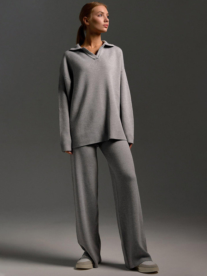 Sophia | Women's Soft and Comfortable Lounge Set with Collar & Wide Pants-Metro Lane Plaza