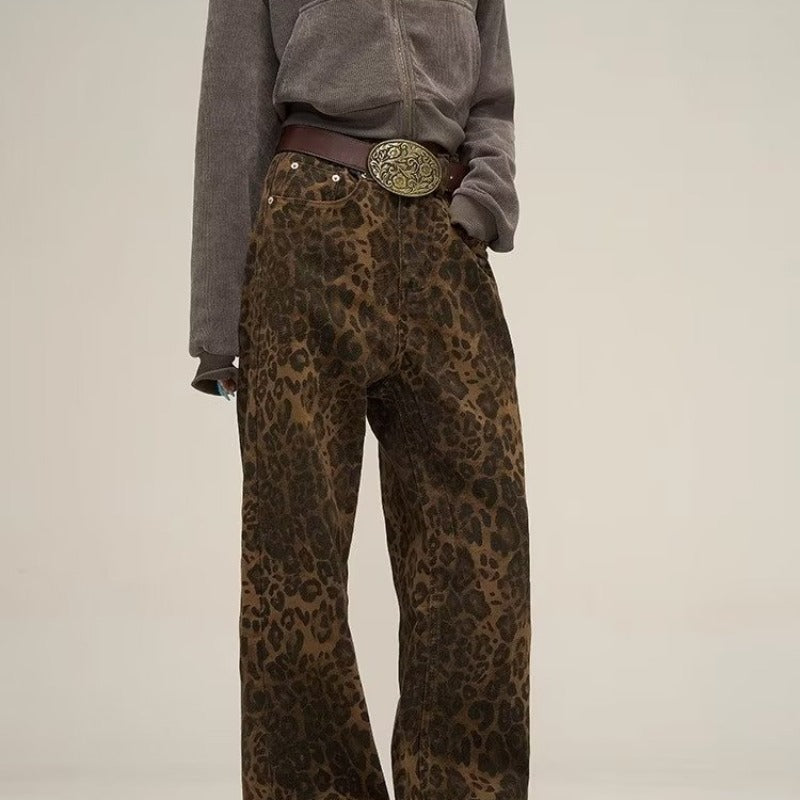 Women's Leopard Print High Waist Straight Leg Jeans-Metro Lane Plaza