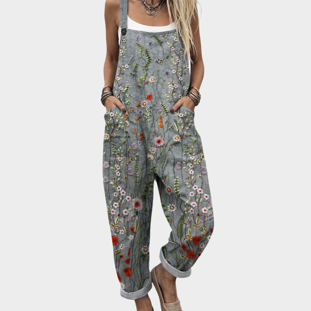 Komfortabel grå jumpsuit med blomstermønster til kvinder