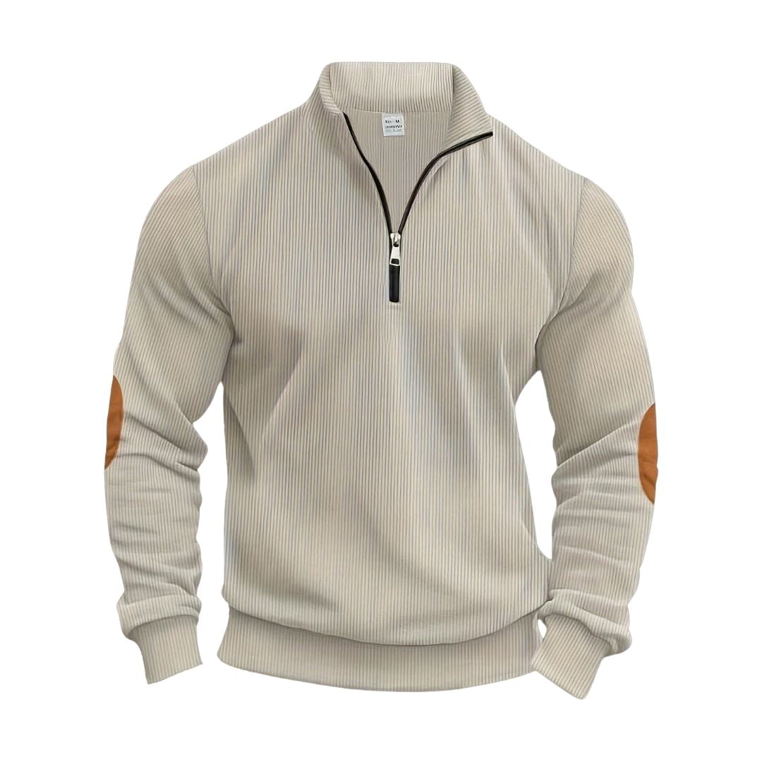 Herrenpullover mit halbem Reißverschluss und kontrastierenden Ellbogenpatches