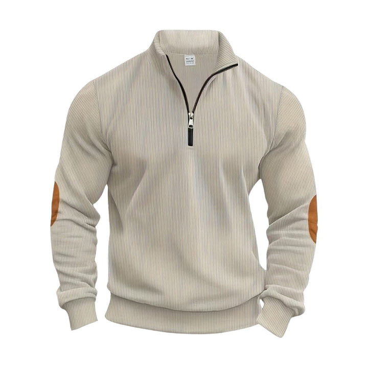 Herrenpullover mit halbem Reißverschluss und kontrastierenden Ellbogenpatches