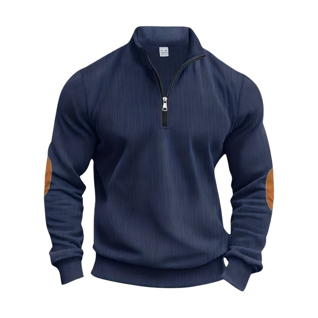 Herrenpullover mit halbem Reißverschluss und kontrastierenden Ellbogenpatches