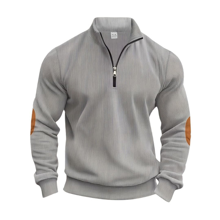 Herrenpullover mit halbem Reißverschluss und kontrastierenden Ellbogenpatches